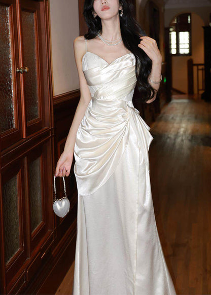 Classy White Cinched Satin Maxi Spaghetti Strap Dress Summer