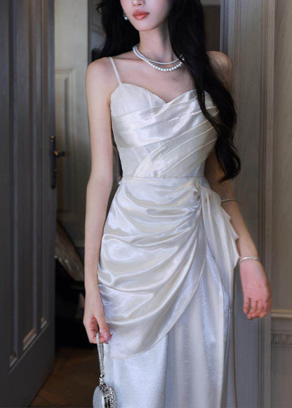 Classy White Cinched Satin Maxi Spaghetti Strap Dress Summer