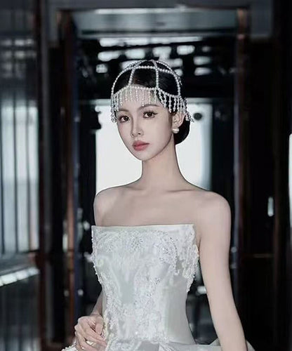 Classy White Hollow Out Pearl Tassel HairPiece And Stud Earrings Two-Piece Set
