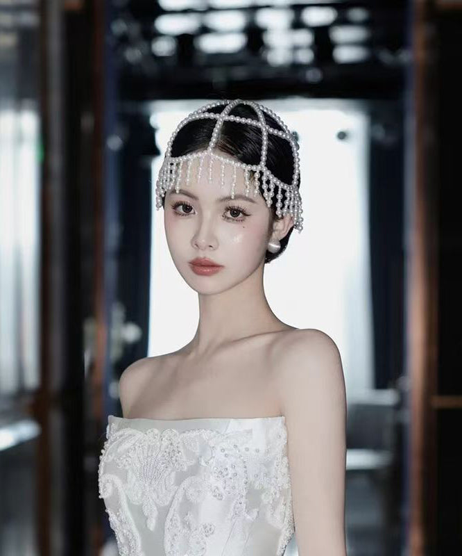 Classy White Hollow Out Pearl Tassel HairPiece And Stud Earrings Two-Piece Set