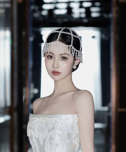 Classy White Hollow Out Pearl Tassel HairPiece And Stud Earrings Two-Piece Set