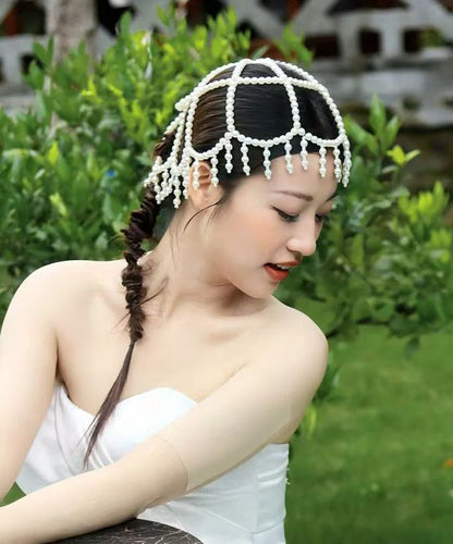 Classy White Hollow Out Pearl Tassel HairPiece And Stud Earrings Two-Piece Set