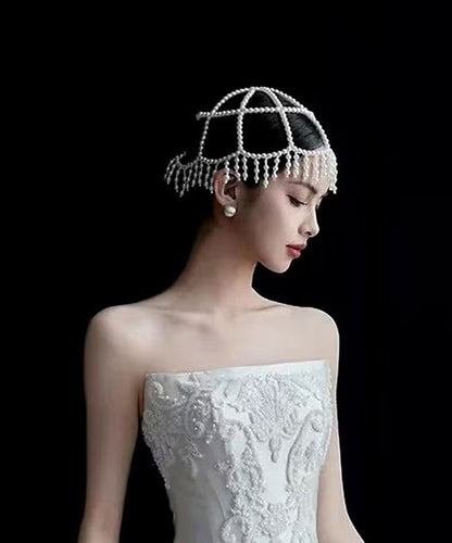 Classy White Hollow Out Pearl Tassel HairPiece And Stud Earrings Two-Piece Set