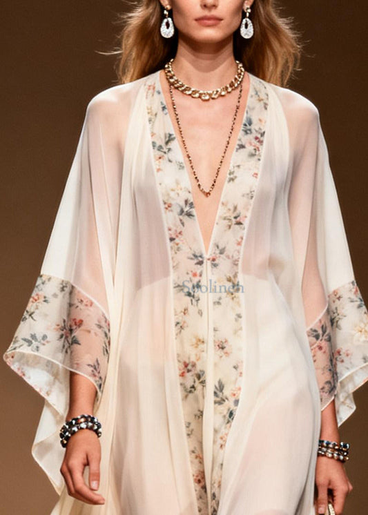 Classy White Oversized Patchwork Print Chiffon Holiday Dress Summer