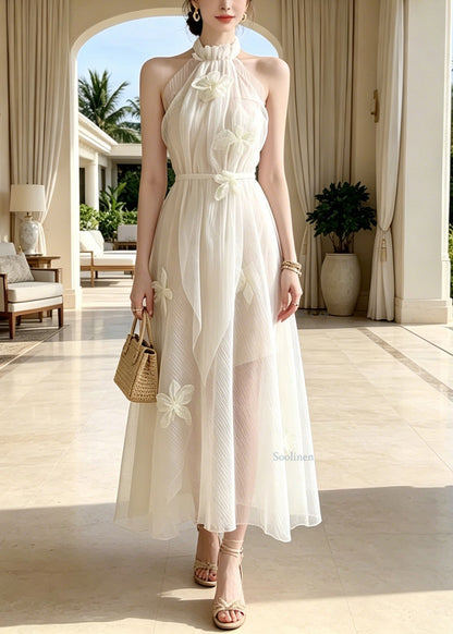 Classy White Stand Collar Floral Tie Waist Tulle Holiday Long Dress Summer
