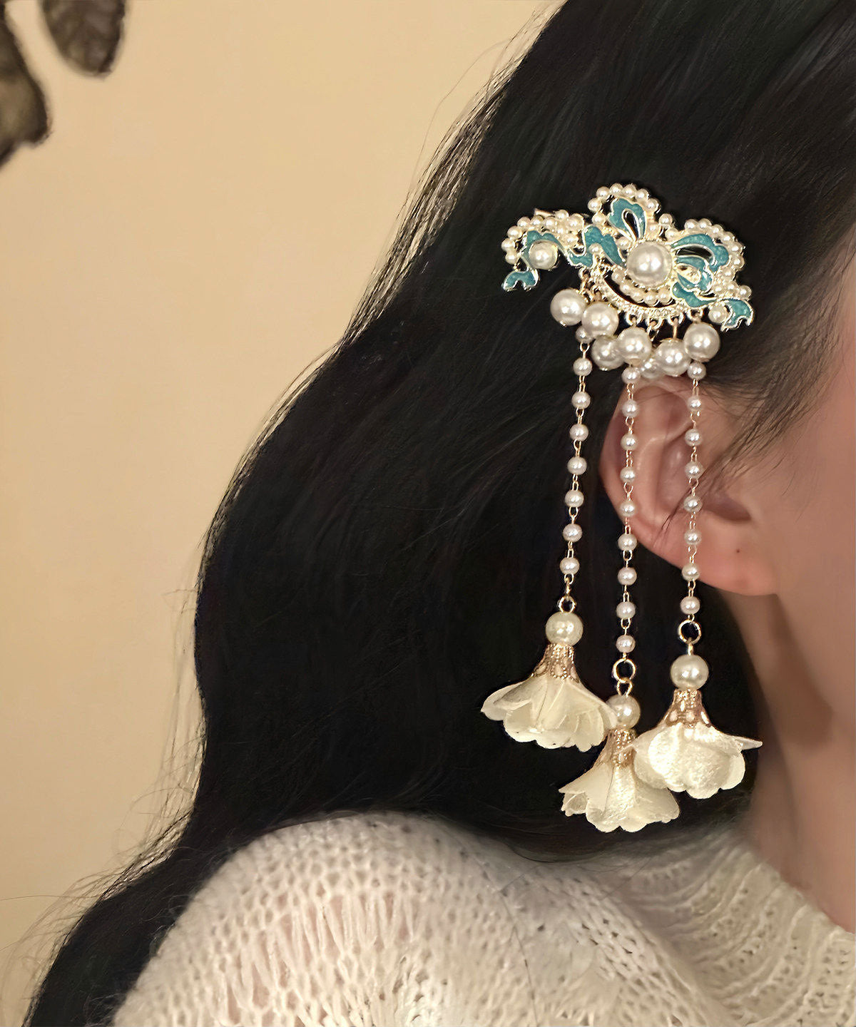 Classy White Sterling Silver Overgild Enameling Floral Tassel A Pair Hairpin