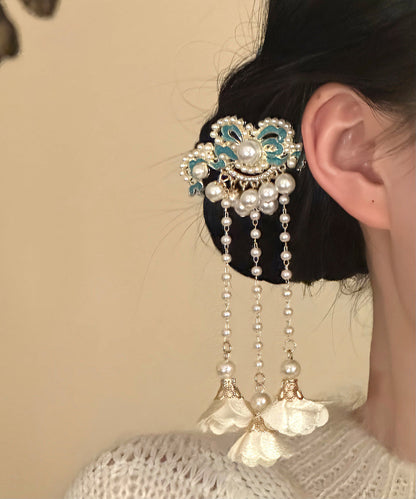 Classy White Sterling Silver Overgild Enameling Floral Tassel A Pair Hairpin
