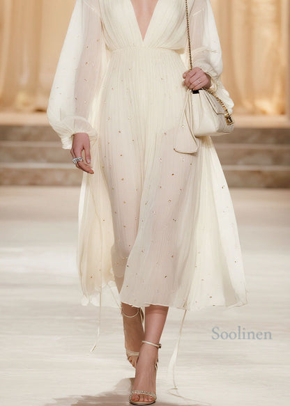 Classy White V Neck Wrinkled Zircon Chiffon Dresses Spring
