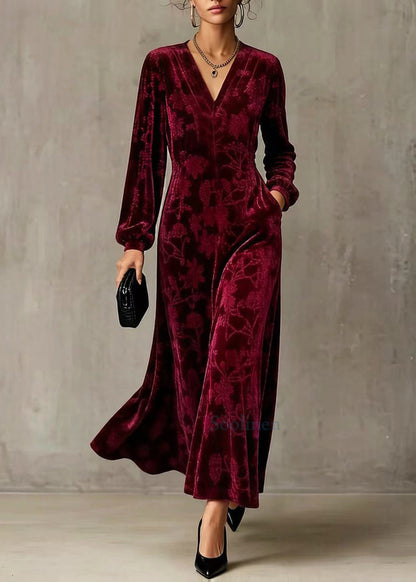 Classy Wine Red V Neck Jacquard Silk Velour Long Dresses Fall