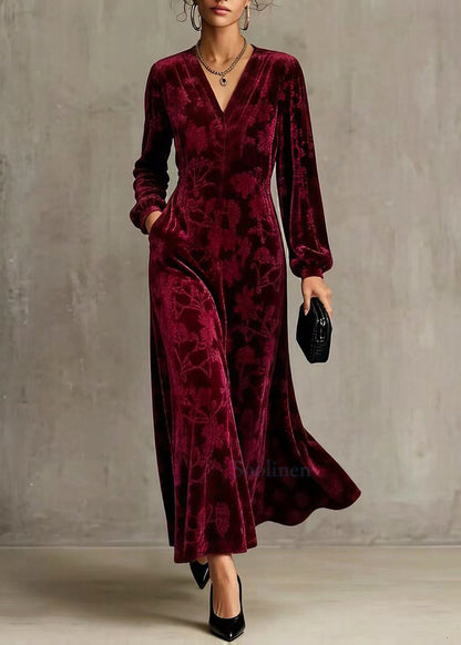 Classy Wine Red V Neck Jacquard Silk Velour Long Dresses Fall