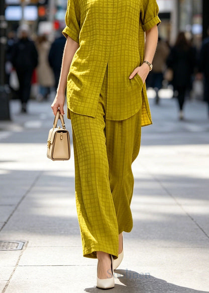 Classy Yellow Peter Pan Collar Plaid Silk Two Piece Set Summer