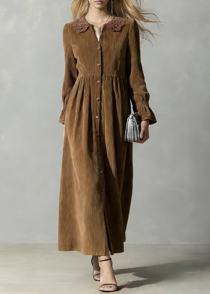 Coffee Button Solid Oversized Corduroy Shirts Dress Peter Pan Collar