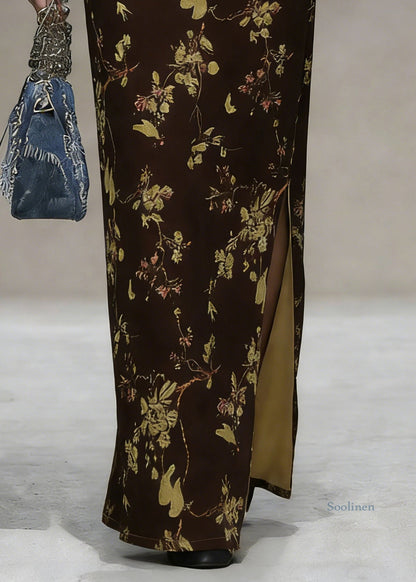 Coffee Print Side Open Silk Velvet Skirts High Waist