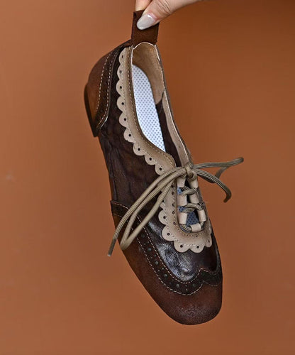 Coffee Sheepskin Splicing Lace Up Loafers For Women