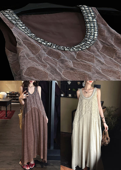 Coffee Tulle Patchwork Cotton Long Dresses O Neck Summer