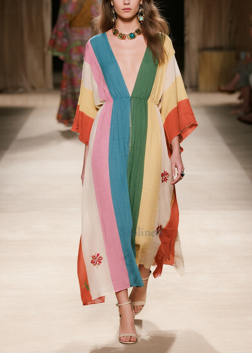 Colorblock Print Cotton Holiday Dress Deep-V Neck Summer