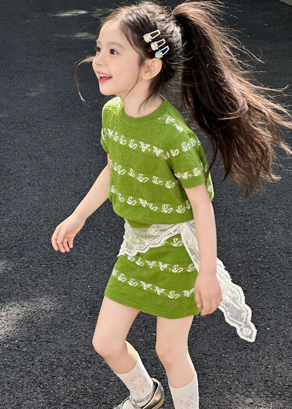 Cool Green Oversized Print Knit Baby Girls Two Pieces Set Summer