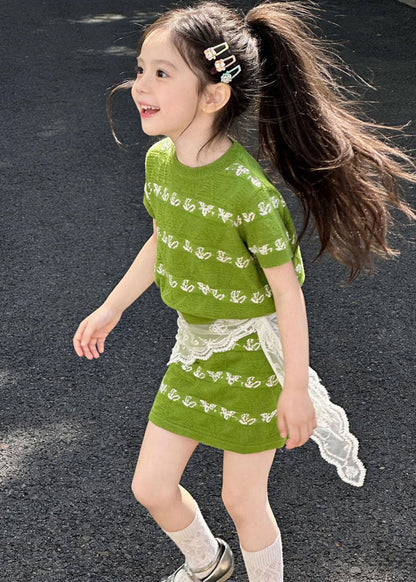Cool Green Oversized Print Knit Baby Girls Two Pieces Set Summer