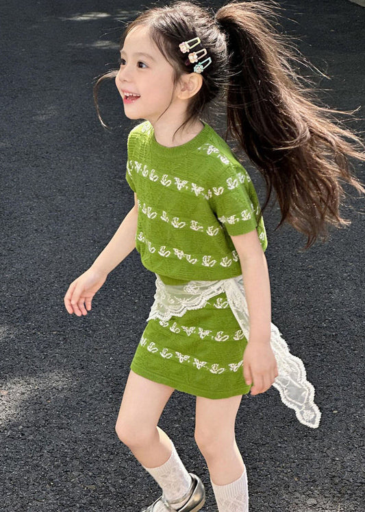 Cool Green Oversized Print Knit Baby Girls Two Pieces Set Summer