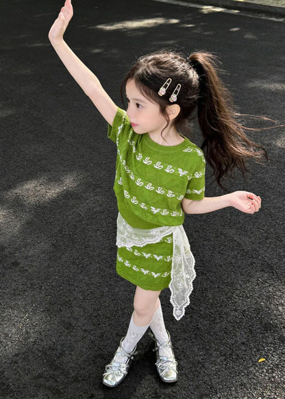 Cool Green Oversized Print Knit Baby Girls Two Pieces Set Summer