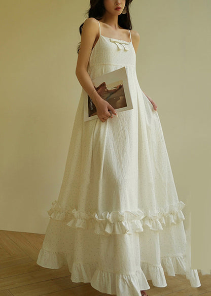 Cute Beige Slash Neck Print Ruffled Patchwork Long Spaghetti Strap Dress Sleeveless