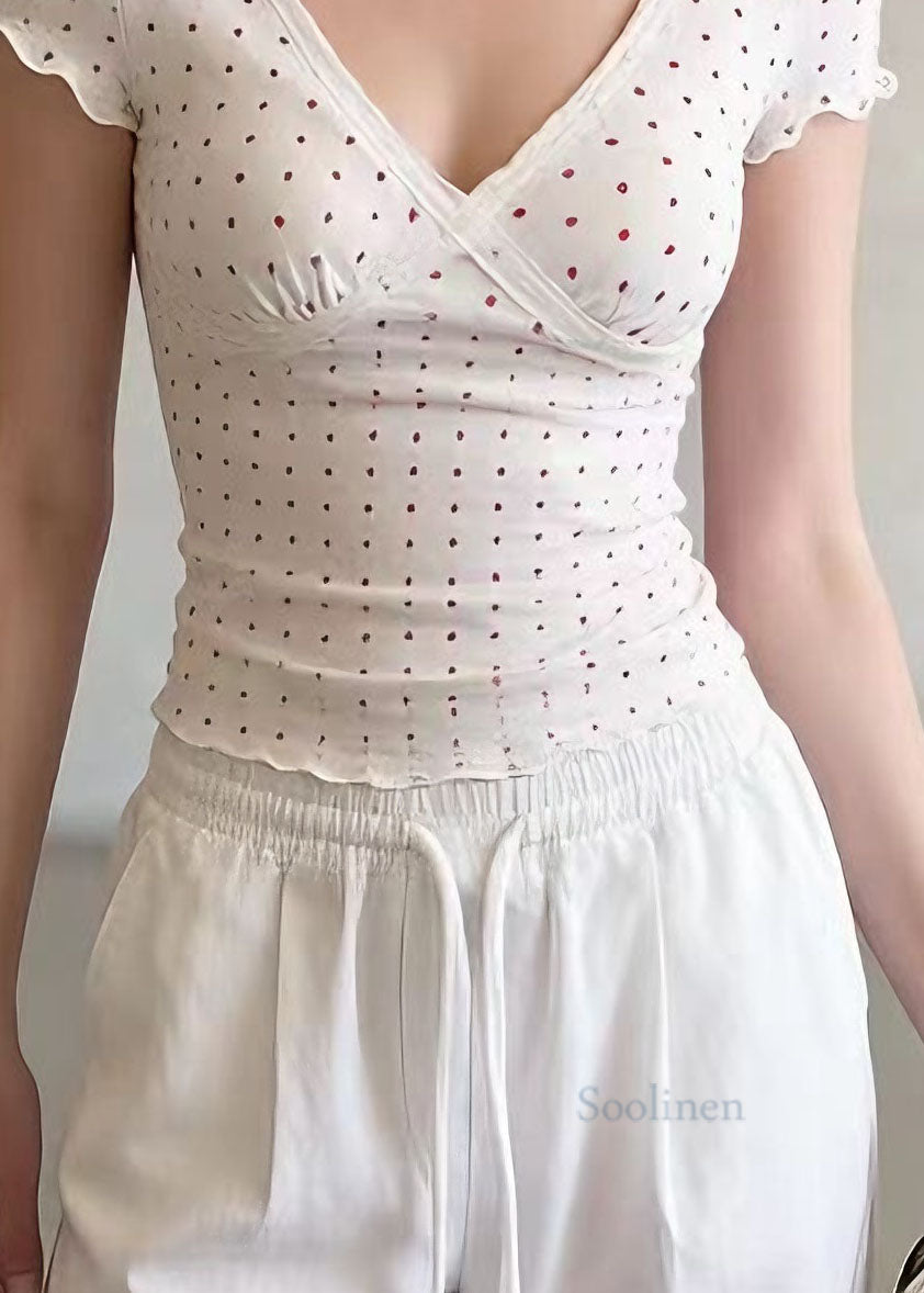 Cute Beige V Neck Print Lace Patchwork Cotton T Shirt Summer