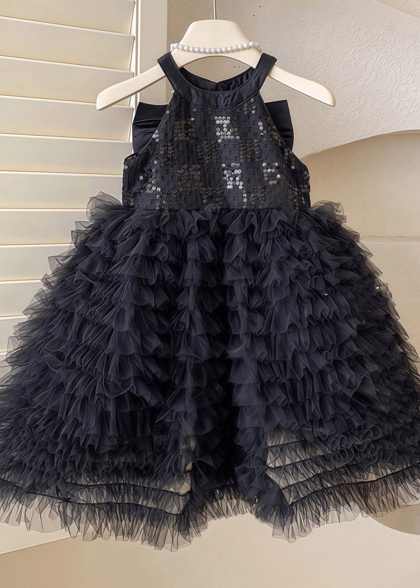 Cute Black Bow Hollow Out Tulle Kids Robe Cake Dresses Sleeveless