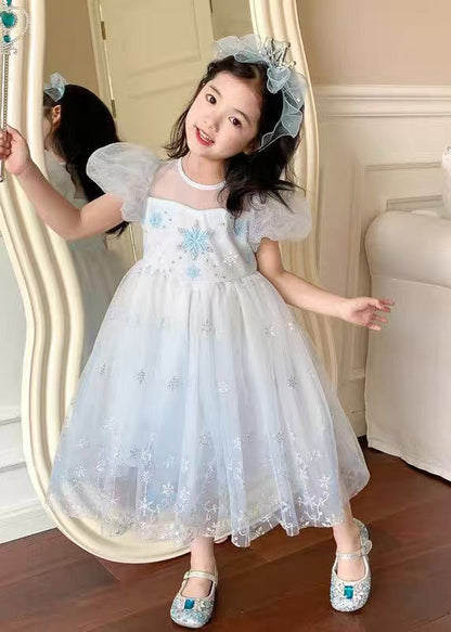 Cute Blue Embroideried Tulle Kids Girls Maxi Dresses Puff Sleeve