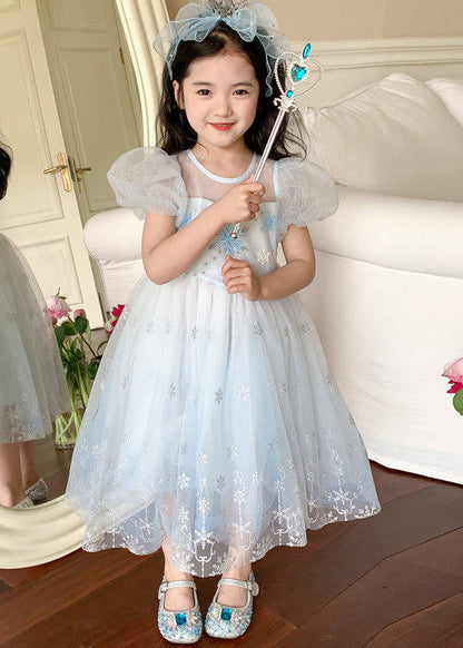 Cute Blue Embroideried Tulle Kids Girls Maxi Dresses Puff Sleeve