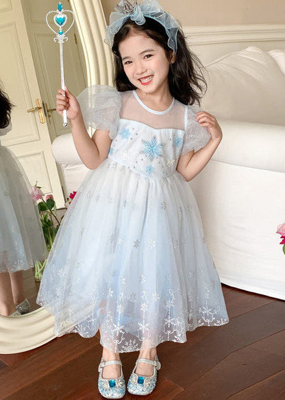 Cute Blue Embroideried Tulle Kids Girls Maxi Dresses Puff Sleeve