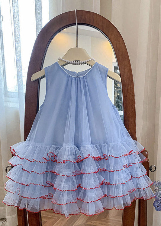 Cute Blue O-Neck Patchwork Tulle Kids Maxi Cake Dress Sleeveless