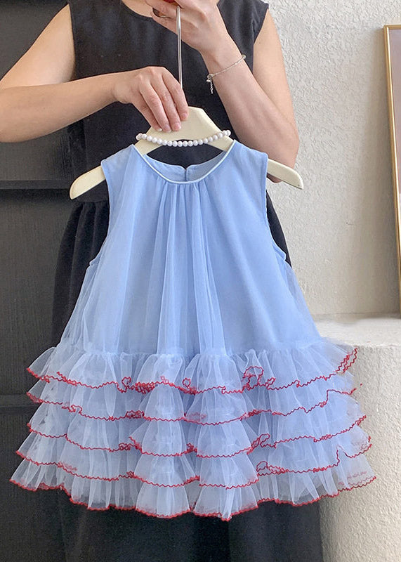 Cute Blue O-Neck Patchwork Tulle Kids Maxi Cake Dress Sleeveless