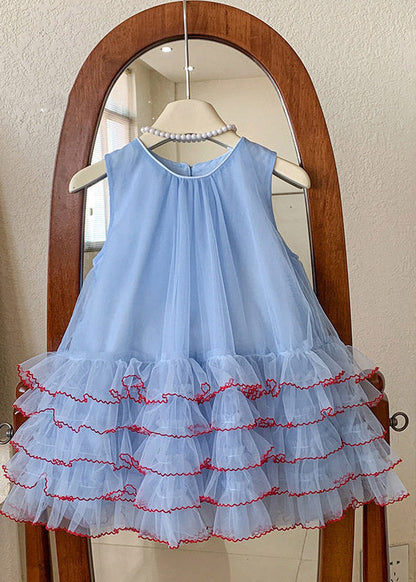 Cute Blue O-Neck Patchwork Tulle Kids Maxi Cake Dress Sleeveless