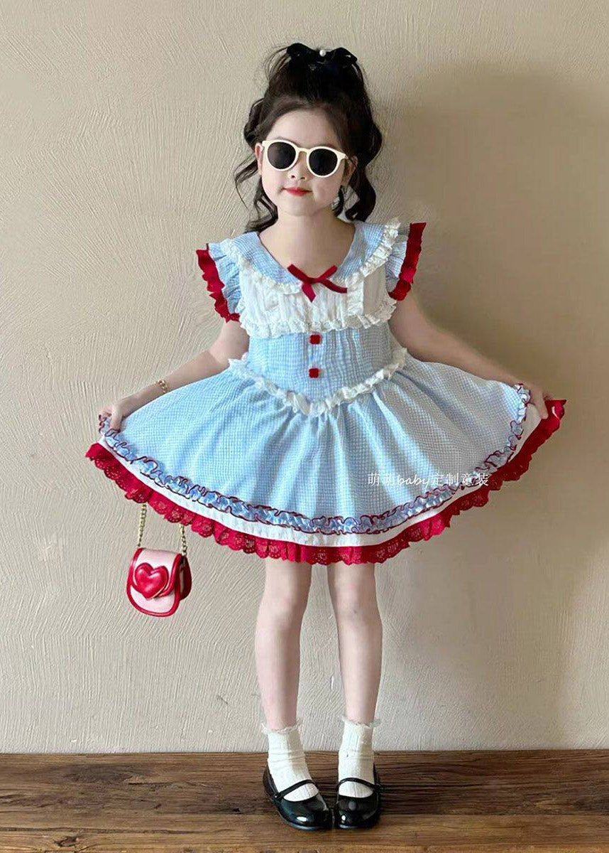 Cute Blue Peter Pan Collar Ruffled Patchwork Kids Vacation Long Dresses Summer