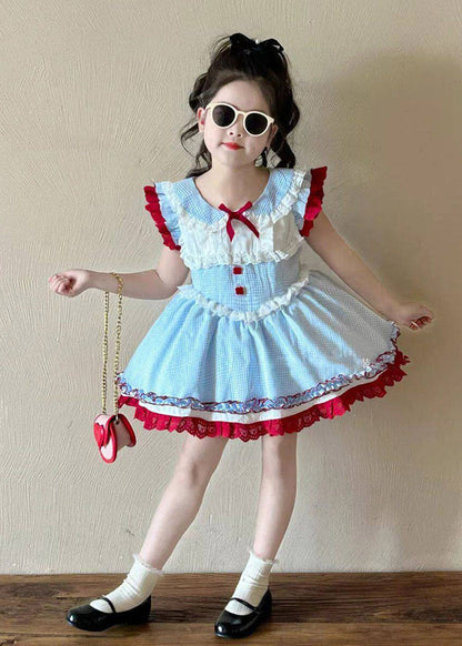 Cute Blue Peter Pan Collar Ruffled Patchwork Kids Vacation Long Dresses Summer