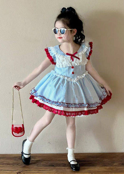 Cute Blue Peter Pan Collar Ruffled Patchwork Kids Vacation Long Dresses Summer