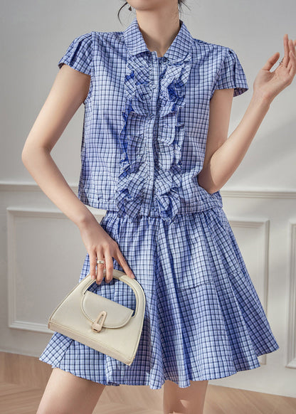 Cute Blue Plaid Peter Pan Collar Shirt And Skirts Two Piece Set Summer