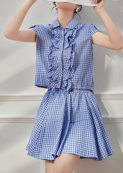 Cute Blue Plaid Peter Pan Collar Shirt And Skirts Two Piece Set Summer