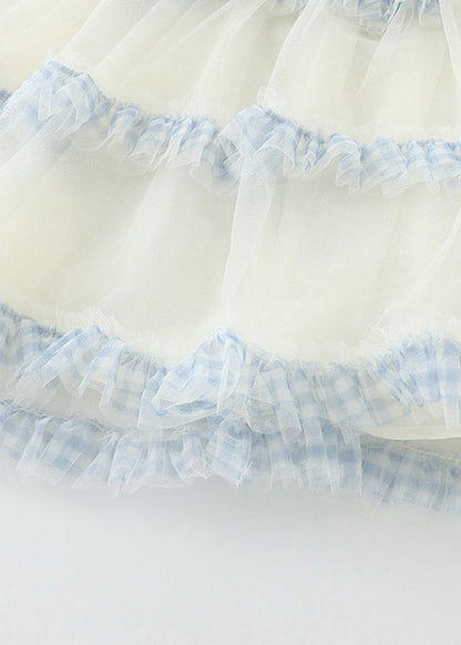 Cute Blue Print Ruffled Tulle Kids Maxi Dress Sleeveless