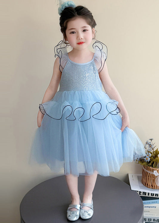 Cute Blue Sequins Tulle Kids Girls Dresses Butterfly Sleeve