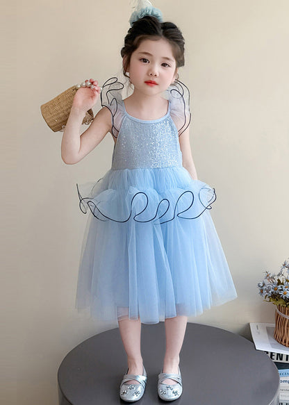 Cute Blue Sequins Tulle Kids Girls Dresses Butterfly Sleeve