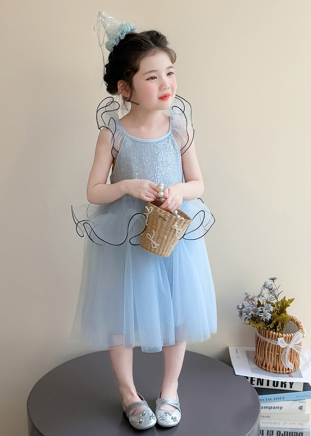 Cute Blue Sequins Tulle Kids Girls Dresses Butterfly Sleeve