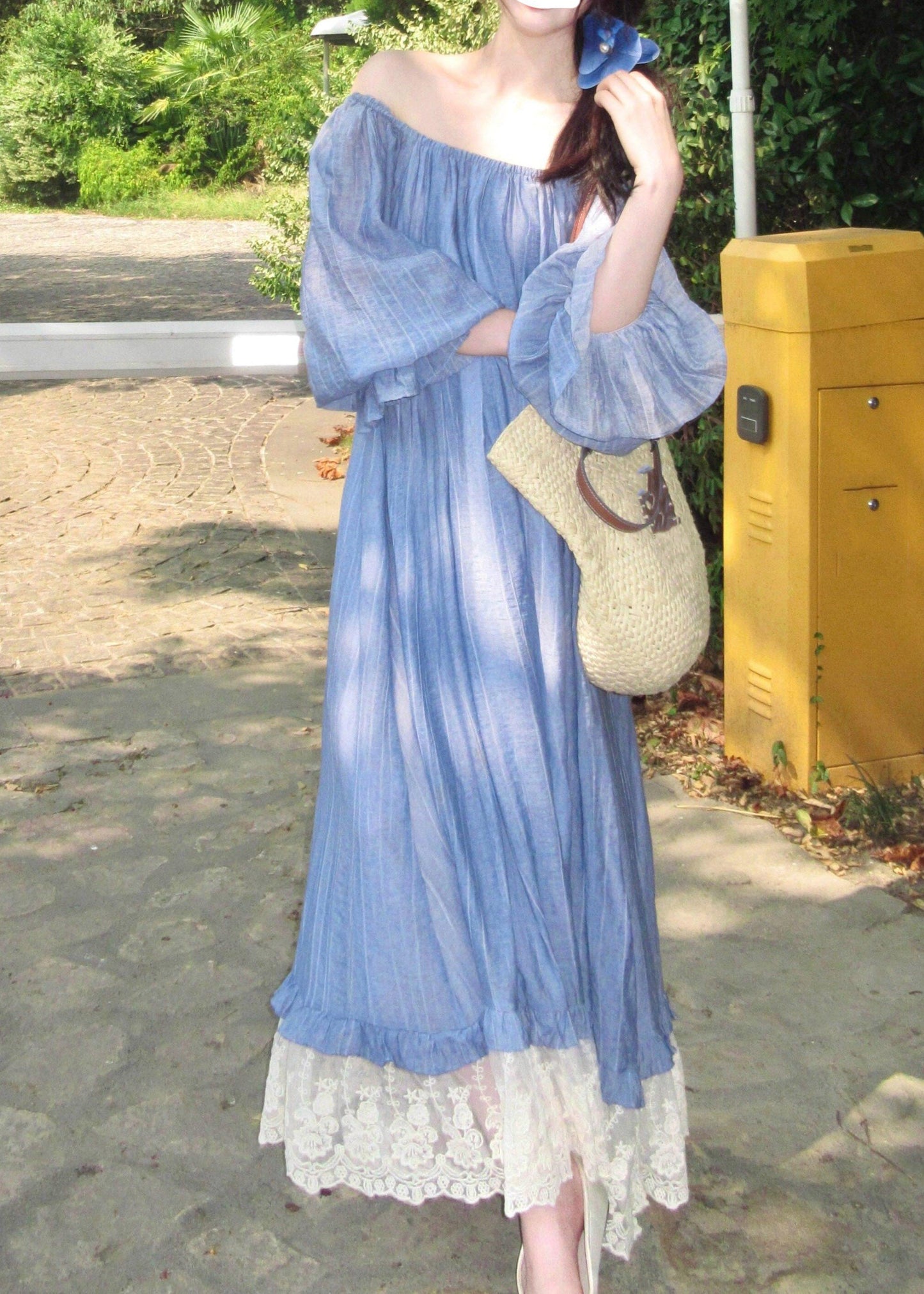 Cute Blue Slash Neck Patchwork Long Dress Fall