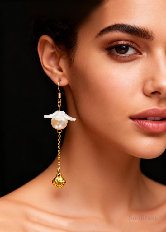 Cute Cat's Paw 14K Gold Pearl Drop Earrings