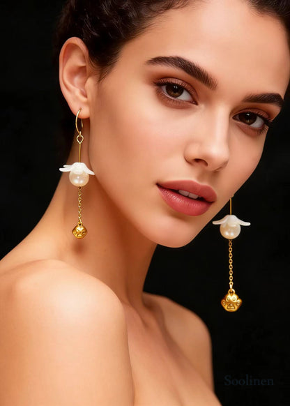 Cute Cat's Paw 14K Gold Pearl Drop Earrings