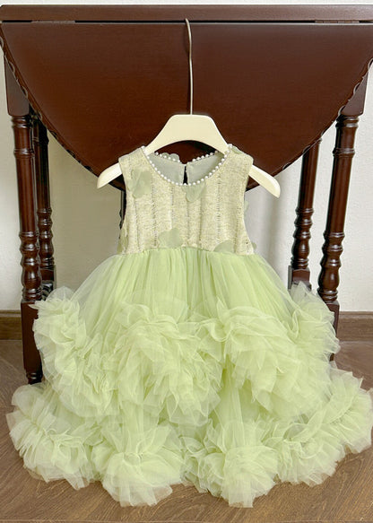 Cute Green Flower Patchwork Tulle Baby Girls Vacation Dresses Summer