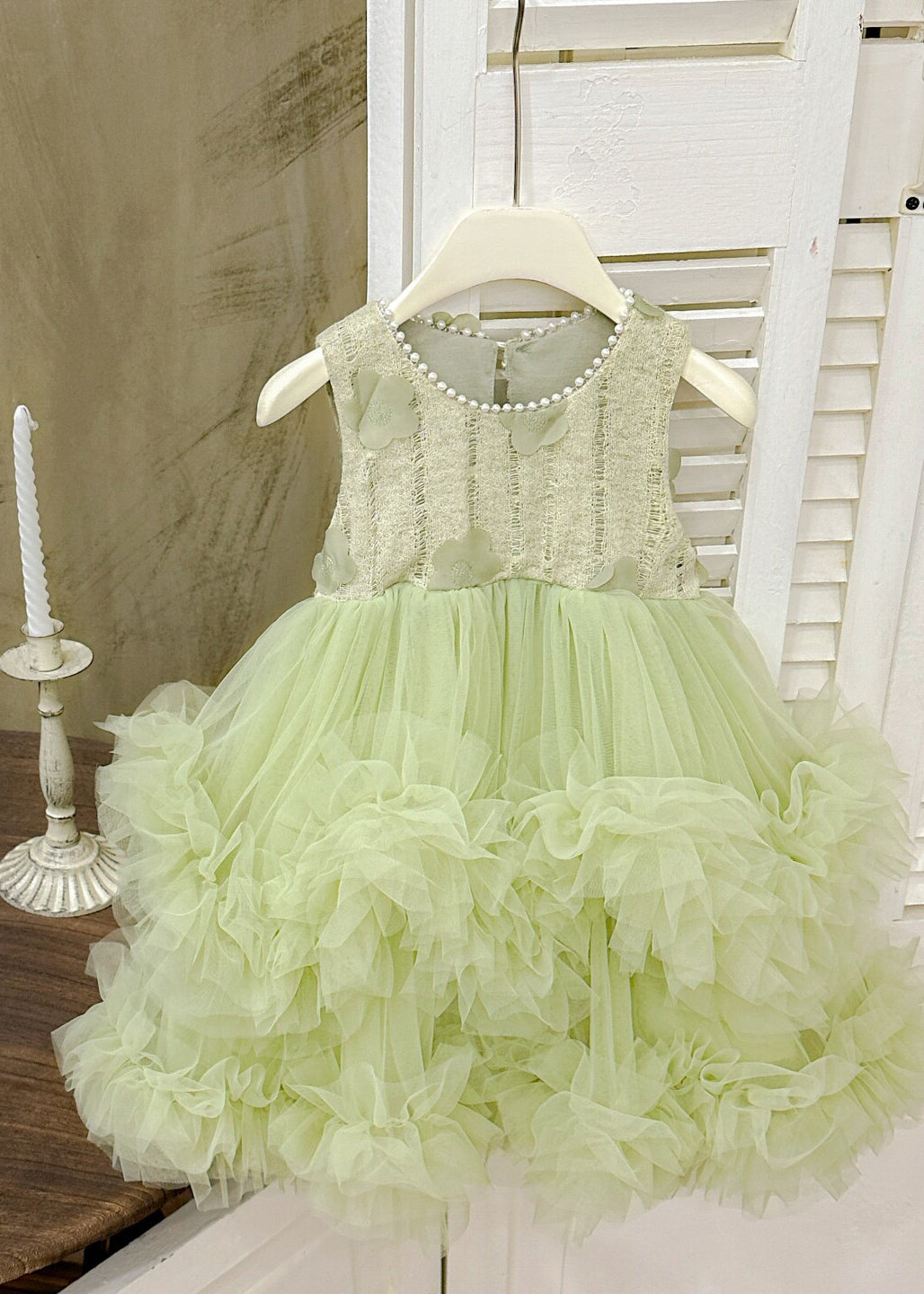 Cute Green Flower Patchwork Tulle Baby Girls Vacation Dresses Summer