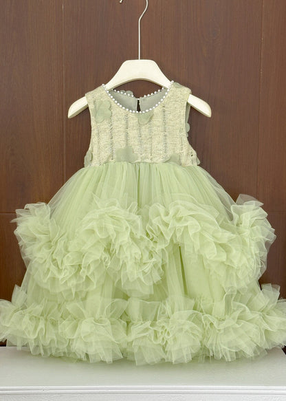 Cute Green Flower Patchwork Tulle Baby Girls Vacation Dresses Summer