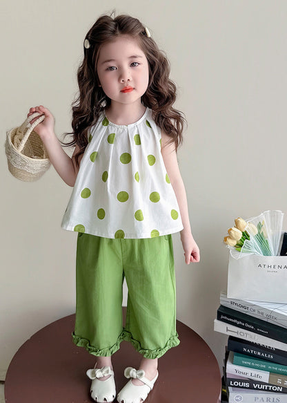 Cute Green Ruffled Print Bow Cotton Baby Girls Two Pieces Set Summer