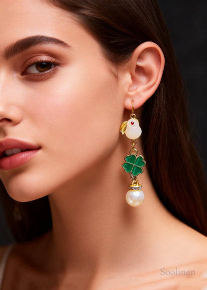 Cute Little White Rabbit Jade Fine Pearl Drop Earrings